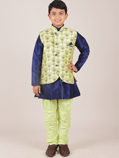 

Pothys Boys Fluroscent Green & Blue Woven Design Jacquard Sherwani, Fluorescent green