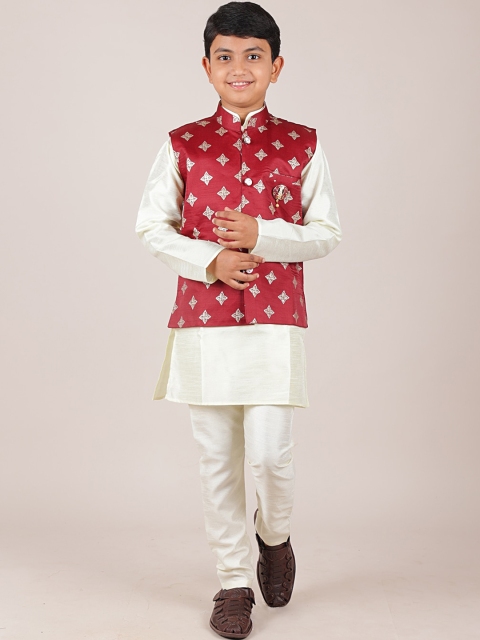 

Pothys Boys Maroon & Cream Printed Jacquard Sherwani Set