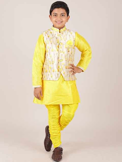 

Pothys Boys Yellow & Cream-Coloured Printed Jacquard Sherwani Set