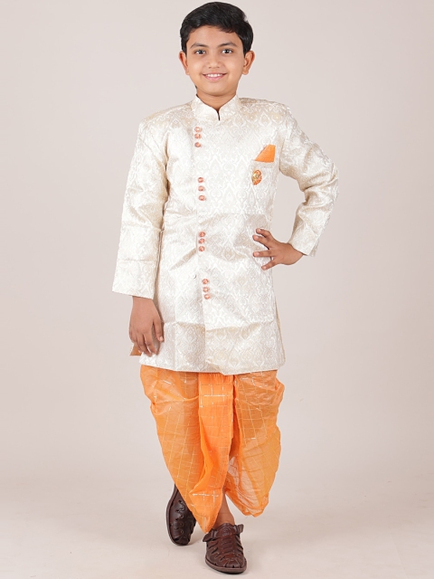 

Pothys Boys Cream Colored and Orange Woven Design Jacquard Sherwani