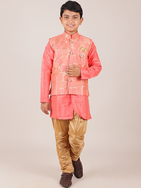 

Pothys Boys Pink & Khaki Woven Design Jacquard Sherwani Set