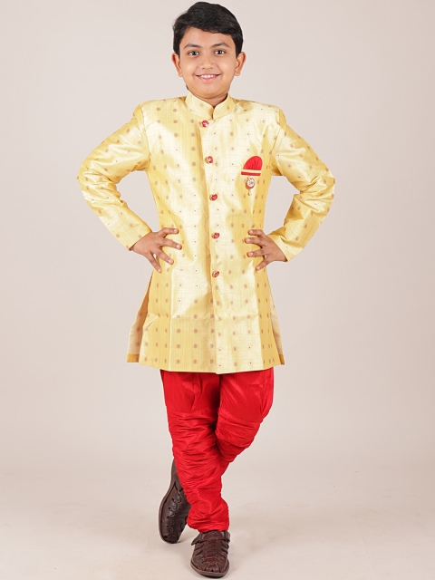 

Pothys Boys Yellow & Red Woven Design Sherwani