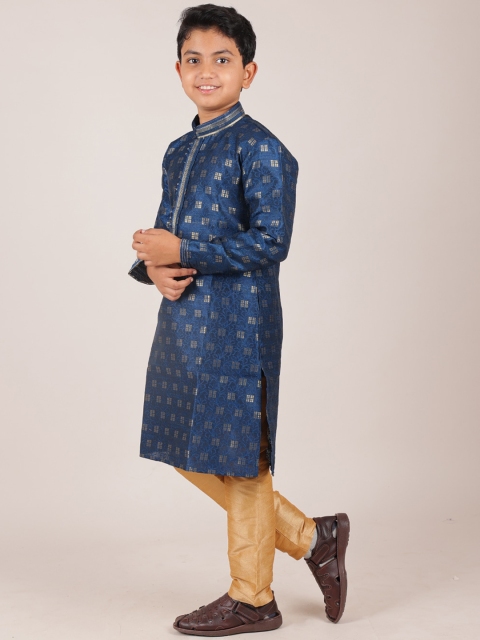 

Pothys Boys Blue & Khaki Jacquard Woven Design Sherwani Set