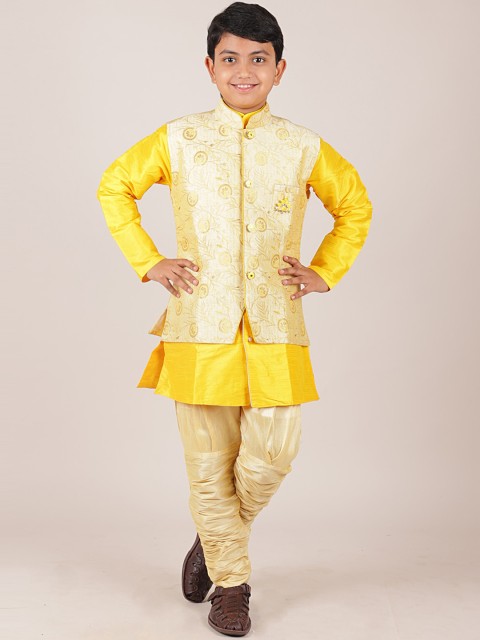 

Pothys Boys Yellow And Cream Coloured Woven Design Jacquard Sherwani