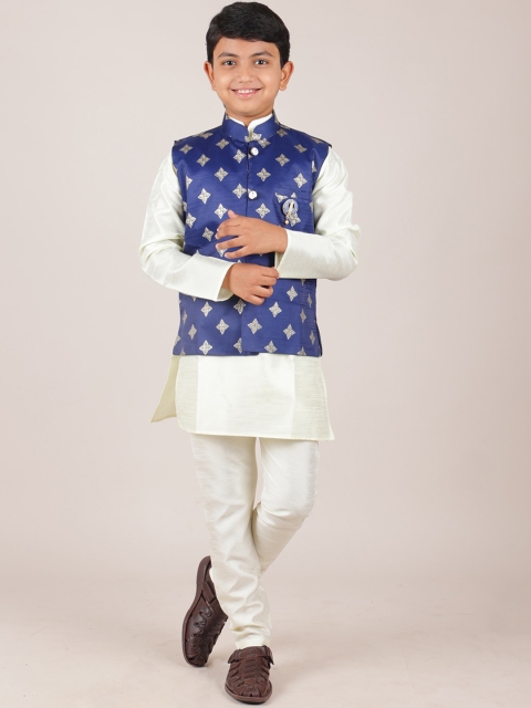 

Pothys Boys Navy Blue & Cream-Coloured Printed Jacquard Sherwani Set