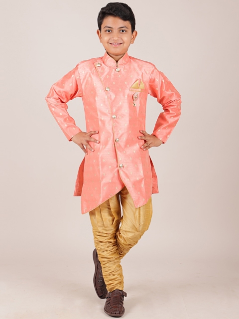 

Pothys Boys Pink & Khaki Jacquard Woven Design Sherwani Set