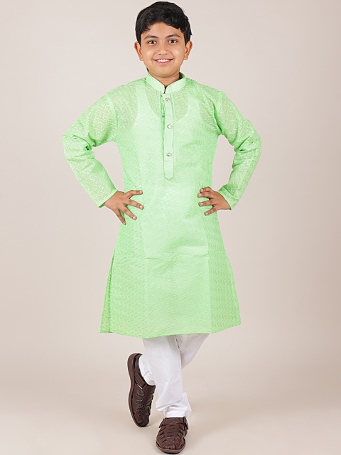 

Pothys Boys Green & White Self Desin Jacquard Sherwani Set