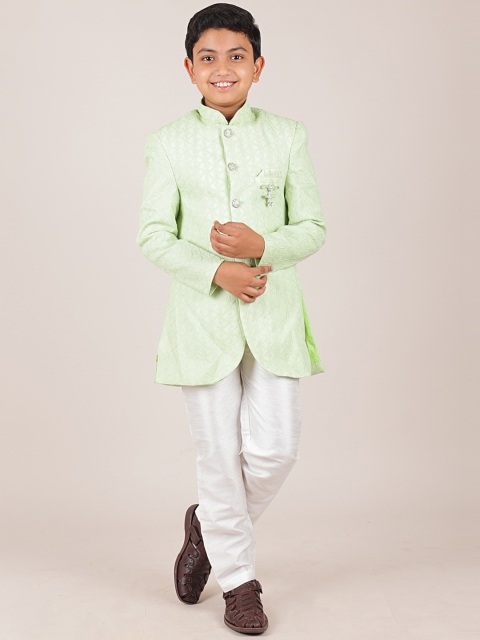 

Pothys Boys Green & White Woven Design Jacquard Sherwani