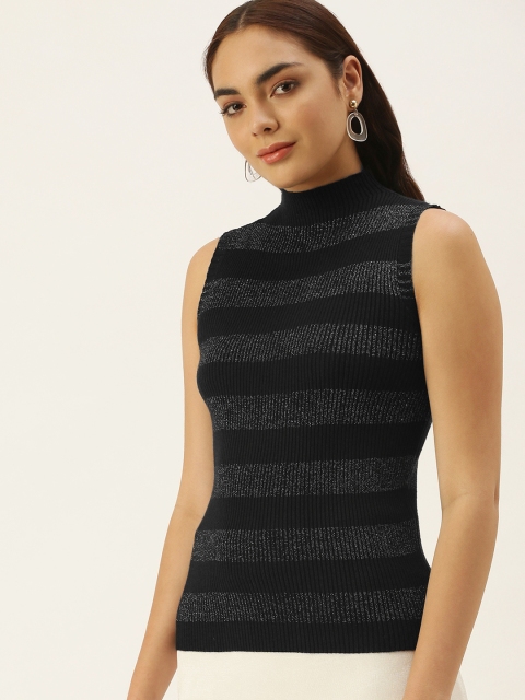

SHECZZAR Women Black & White Shimmery Ribbed Striped Sleeveless Pullover
