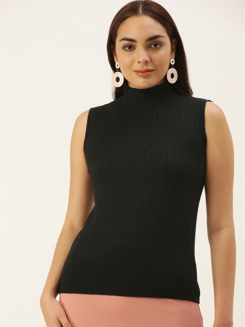 

SHECZZAR Women Black Cable Knit Sleeveless Pullover