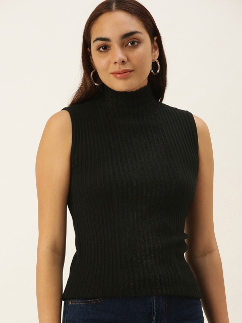 

SHECZZAR Women Black Ribbed Sleeveless Pullover