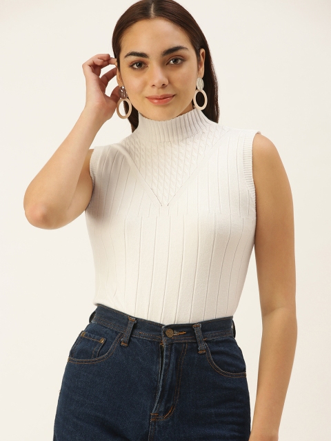 

SHECZZAR Women White Cable Knit Sleeveless Pullover