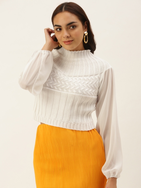 

SHECZZAR Women White Cable Knit Pullover with Puff Sleeves