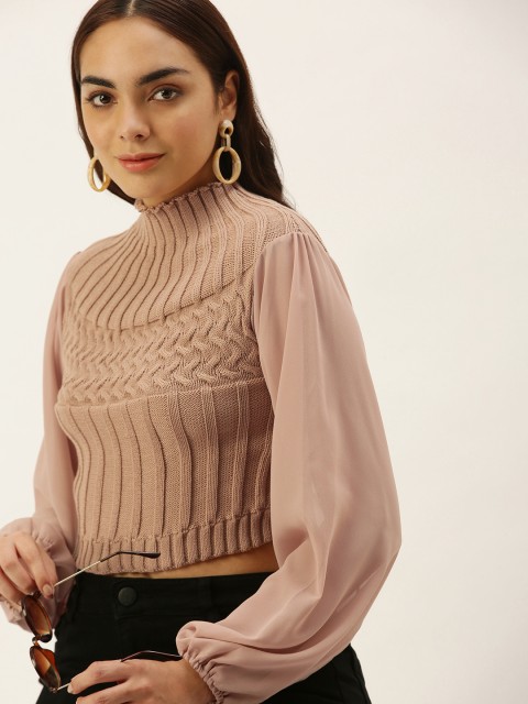 

SHECZZAR Women Beige Cable Knit Crop Pullover with Puff Sleeves