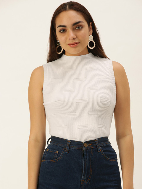 

SHECZZAR Women White Ribbed Sleeveless Pullover