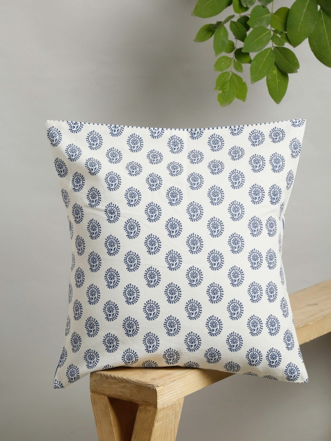 

EK BY EKTA KAPOOR White & Blue Ethnic Motifs Pure Cotton Square Cushion Covers