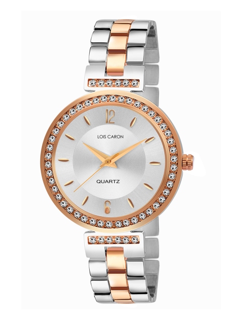 

LOIS CARON Women White Embellished Dial & Rose Gold Toned Stainless Steel Bracelet Style Straps Analogue Watch