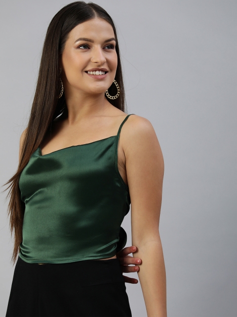 

STALK Green Cowl Neck Satin Finish Tie-Ups Detail Crop Top