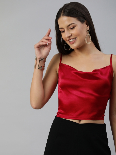 

STALK Maroon Satin Finish Styled Back Crop Top