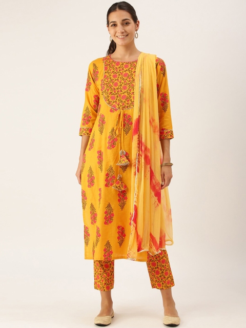 

Somras Women Yellow Ethnic Motifs Printed Pure Cotton Kurta With Trousers & With Dupatta