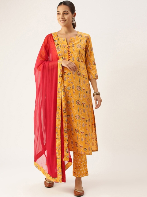 

Somras Women Yellow Floral Printed Pure Cotton Kurta with Trousers & With Dupatta