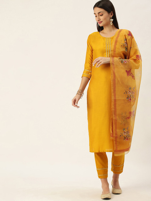 

Somras Women Mustard Yellow Liva Kurta with Trousers & With Dupatta