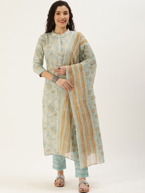 

Somras Women Grey Floral Printed Pure Cotton Kurta with Trousers & With Dupatta