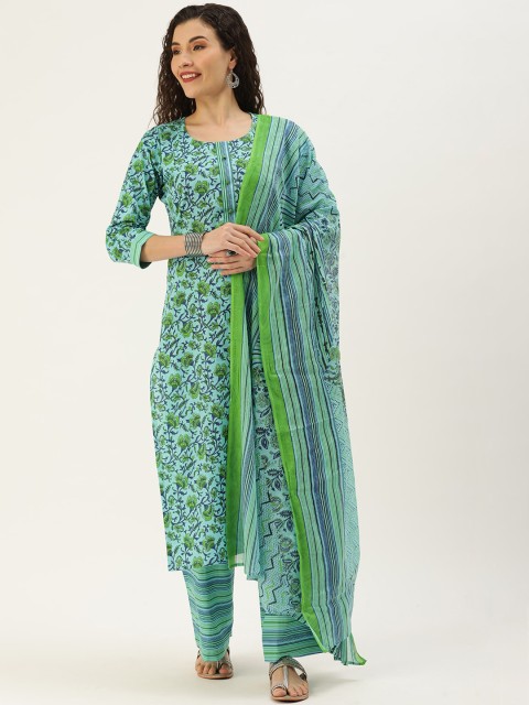 

Somras Women Sea Green Floral Printed Pure Cotton Kurti Salwar Set With Dupatta