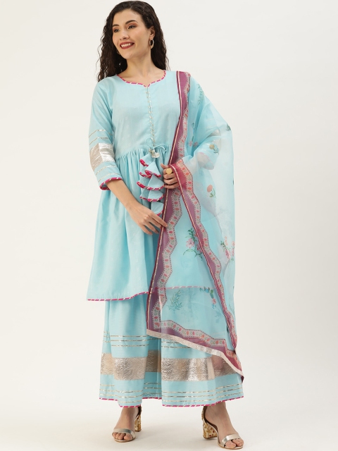 

Somras Women Turquoise Blue & Pink Floral Kurti with Palazzos & With Dupatta Kurta Set