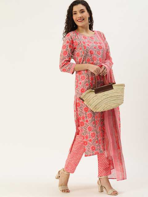 

Somras Women Pink Floral Printed Pure Cotton Kurta with Trousers & Dupatta