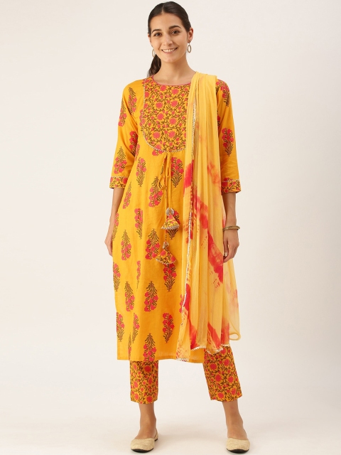 

Somras Women Yellow Floral Printed Pure Cotton Kurta with Trousers & Dupatta