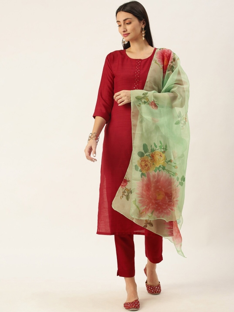 

Somras Women Red Floral Sequinned Liva Kurta with Trousers & With Dupatta