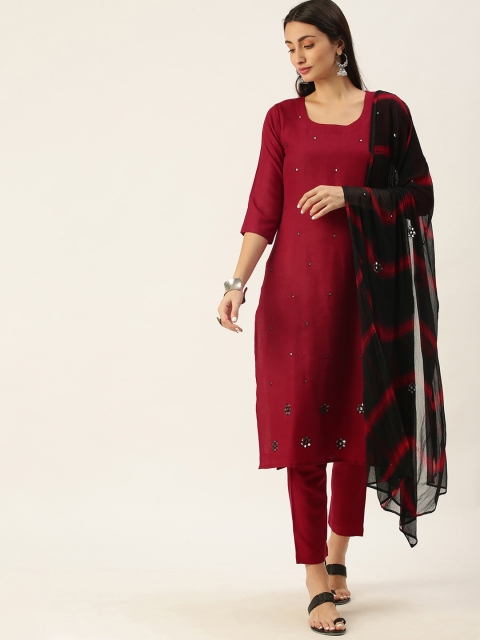 

Somras Women Maroon Ethnic Motifs Embroidered Layered Kurta with Trousers & With Dupatta