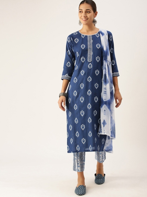 

Somras Women Blue Ethnic Motifs Printed Pure Cotton Kurta with Trousers & With Dupatta
