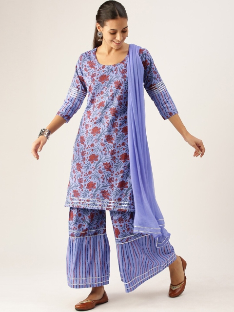 

Somras Women Blue Floral Printed Pure Cotton Kurta with Sharara & With Dupatta