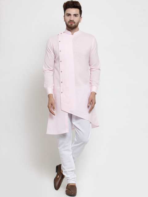 

TREEMODA Men Pink & White Angrakha Linen Kurta with Churidar