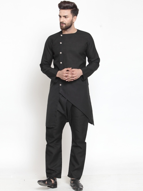 

TREEMODA Men Black Angrakha Linen Kurta with Pyjamas