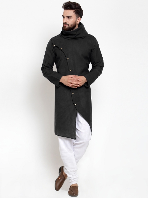 

TREEMODA Men Black & White Angrakha Turtle Neck Linen Kurta with Churidar