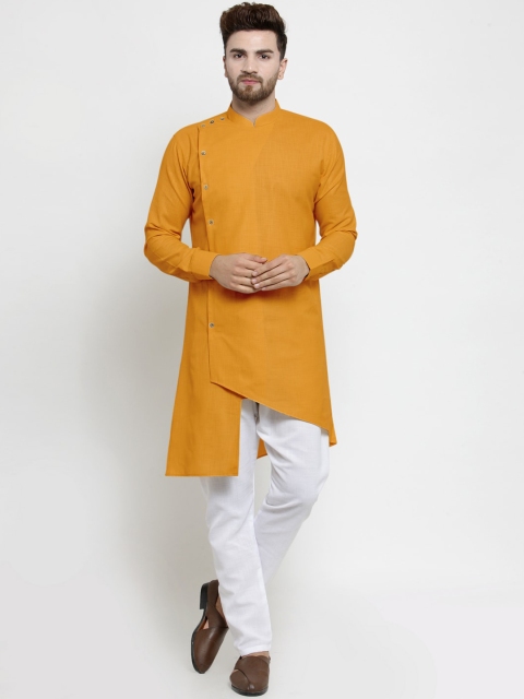 

TREEMODA Men Yellow Angrakha Linen Kurta with Pyjamas