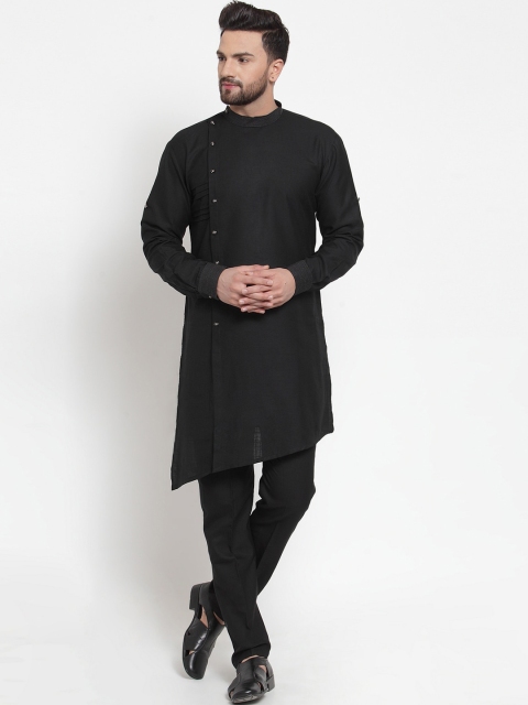 

TREEMODA Men Black Angrakha Linen Kurta with Churidar