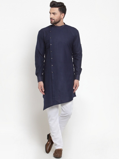 

TREEMODA Men Navy Blue Angrakha Linen Kurta with Pyjamas