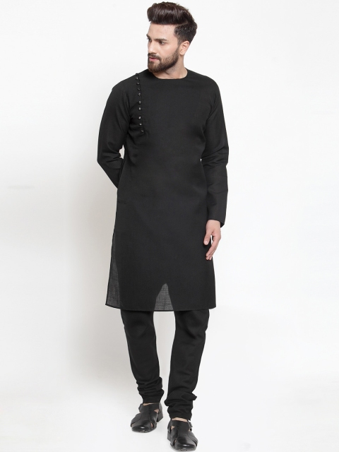 

TREEMODA Men Black Angrakha Linen Kurta with Pyjamas