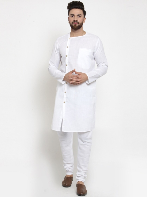 

TREEMODA Men White Angrakha Linen Kurta with Churidar