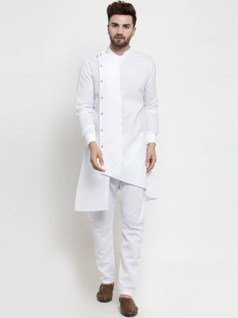 

TREEMODA Men White Angrakha Linen Kurta with Pyjamas