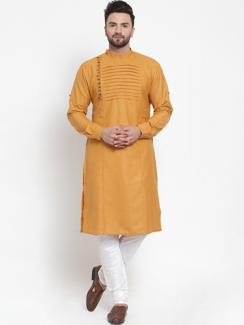 

TREEMODA Men Yellow Pleated Linen Kurta with Churidar