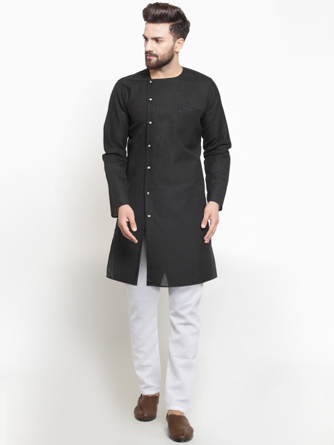 

TREEMODA Men Black Angrakha Linen Kurta with Pyjamas