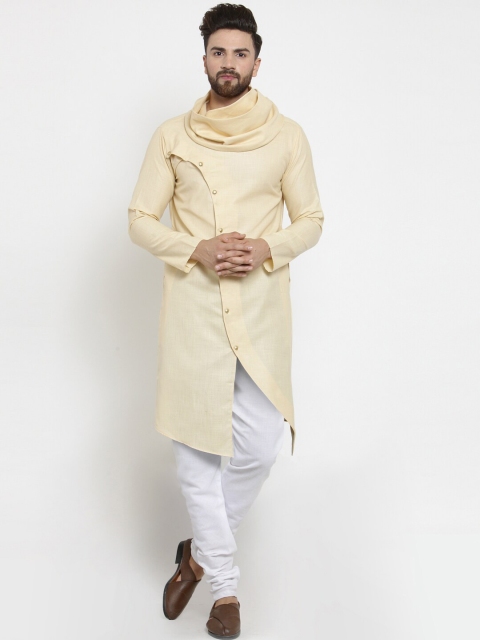 

TREEMODA Men Beige & White Angrakha Linen Kurta with Churidar