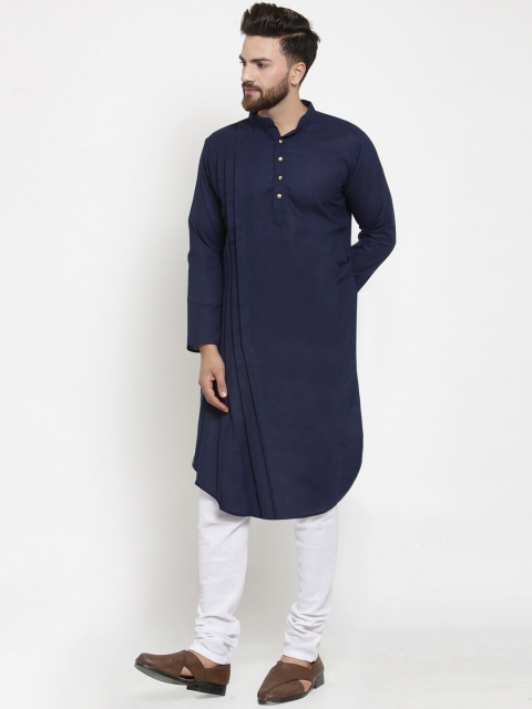

TREEMODA Men Navy Blue Pleated Linen Kurta with Pyjamas
