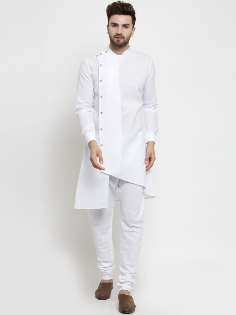 

TREEMODA Men White Angrakha Linen Kurta with Churidar