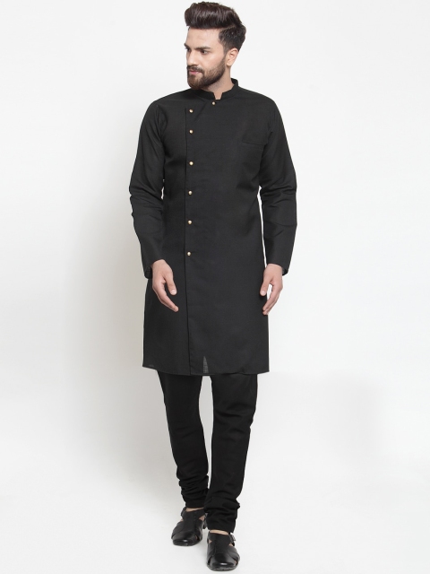

TREEMODA Men Black Angrakha Linen Kurta with Churidar